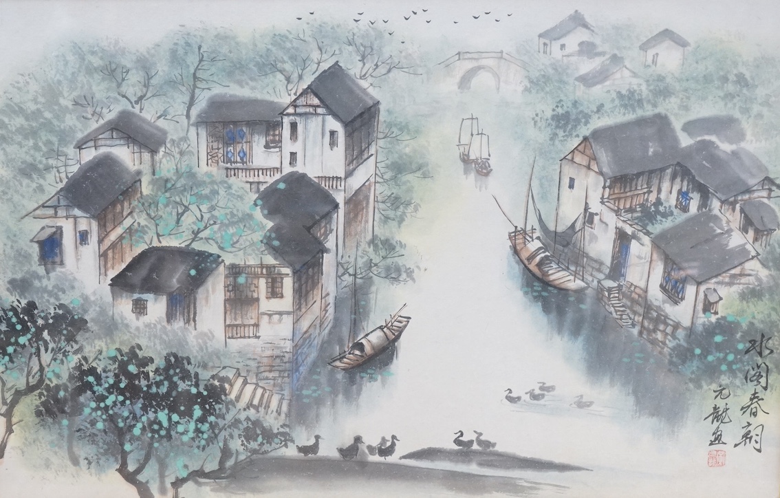 20th century, Chinese School, ink and watercolour, Riverscape with junks, signed with character and red seal marks, 35 x 53cm, housed in a bamboo style frame. Condition - fair